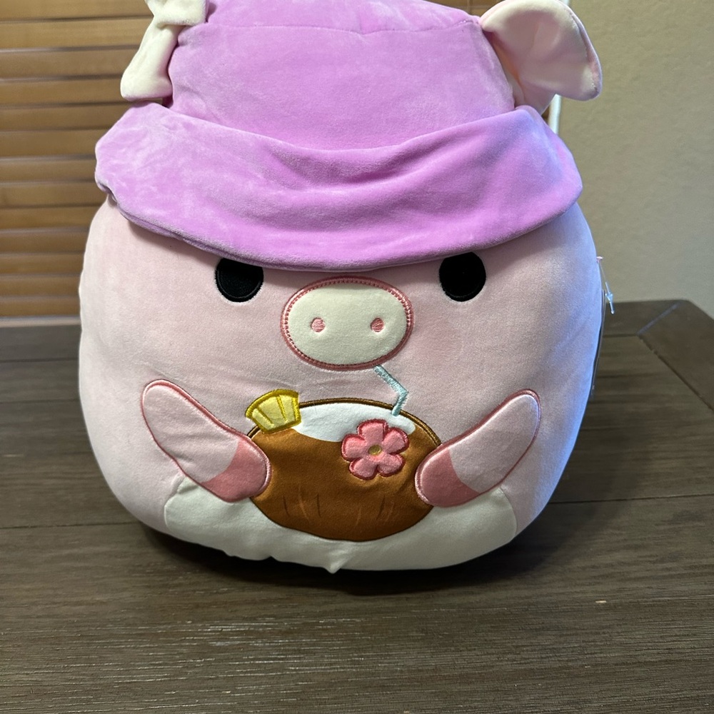 New! 16" Peter Squishmallow Pink Plush with Purple Hat